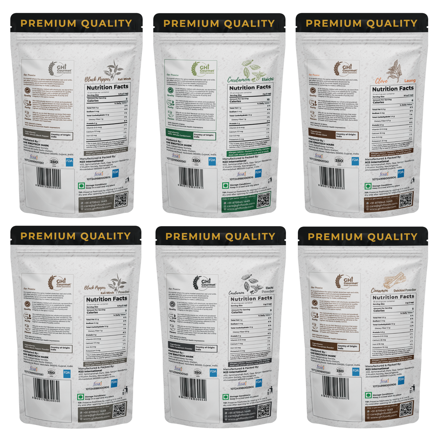 Spice Combo Pack, 6 Essential Indian Spices, Whole Black Pepper 100g, Whole Clove 50, Whole Green Cardamom 8mm+ 50g, Black Pepper Powder 75g, Cinnamon Powder 75g, Cardamom Powder 75g
