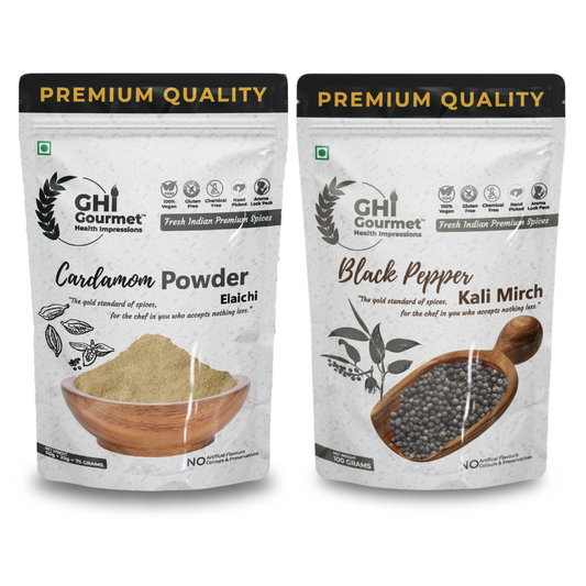 GHI Spices Combo | Pack Of 2 | Black Pepper Whole 50g | Cardamom Powder 50G + 25G = 75G