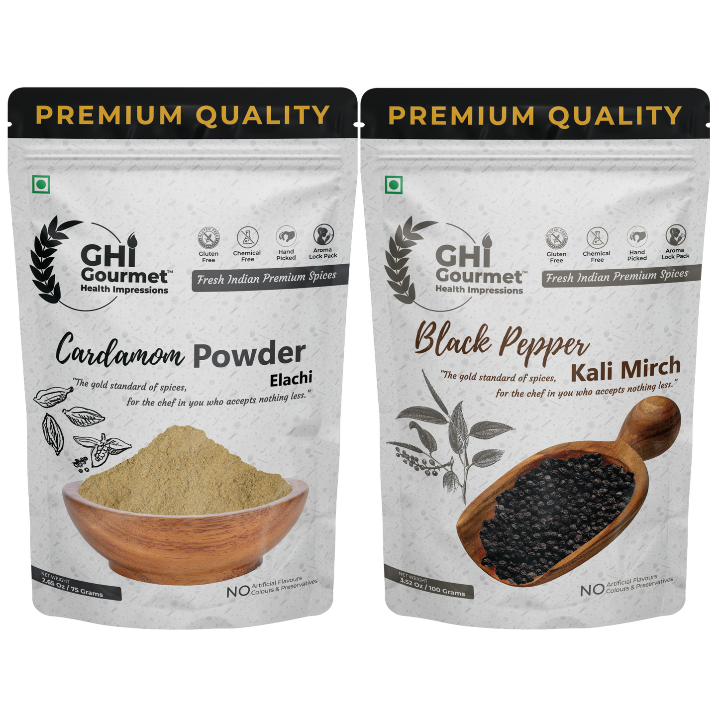 GHI Spices Combo | Pack Of 2 | Black Pepper Whole 50g | Cardamom Powder 50G + 25G = 75G