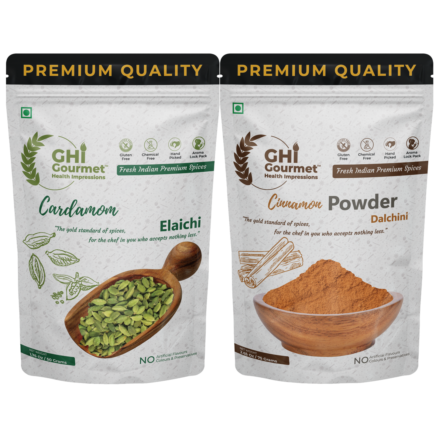 GHI Spice Combo | Pack Of 2 | Cinnamon Powder 75g | Cardamom Whole 50g