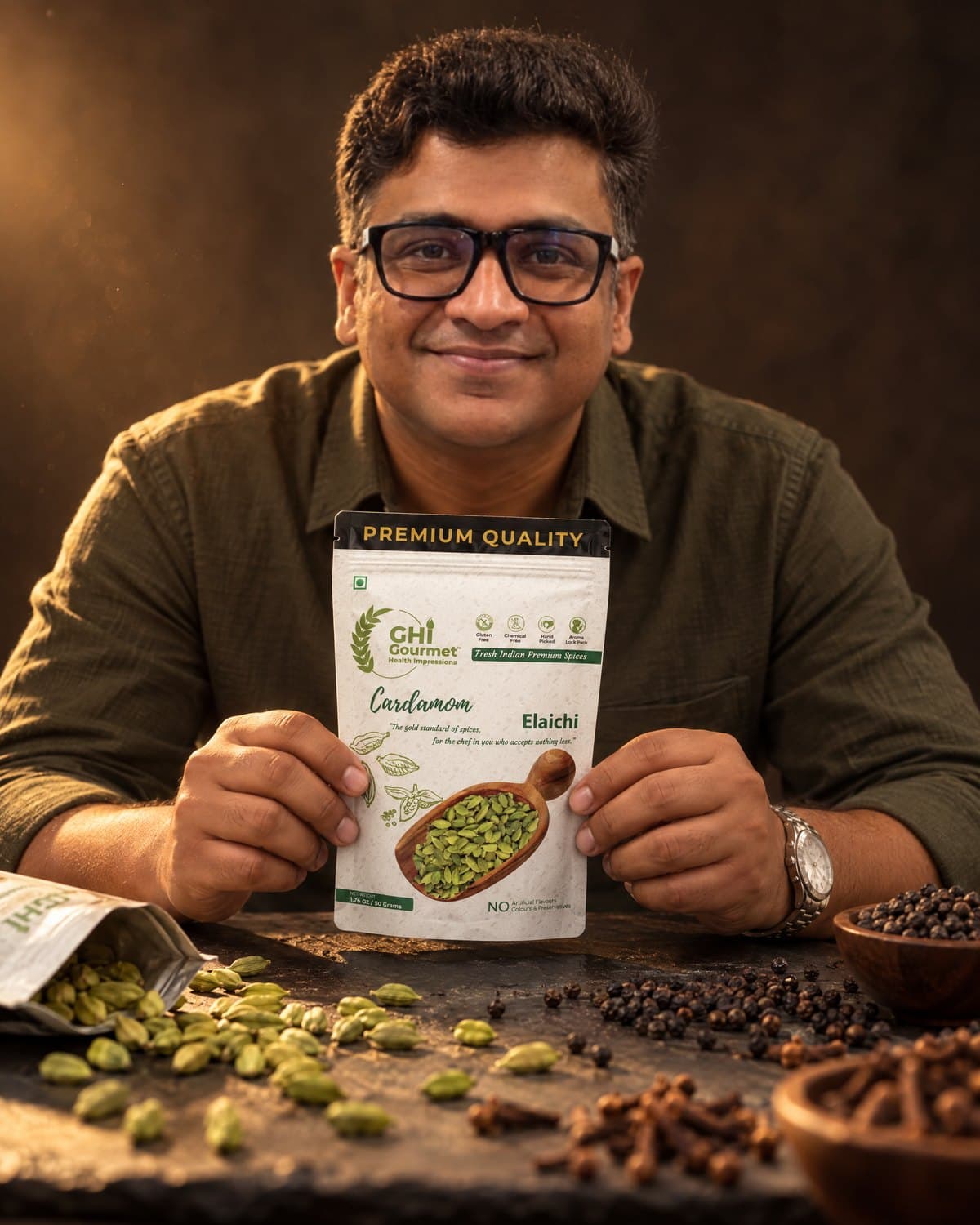 Meet Shukla, founder of GHI Foods, holding a GHI cardamom pouch at the spice table