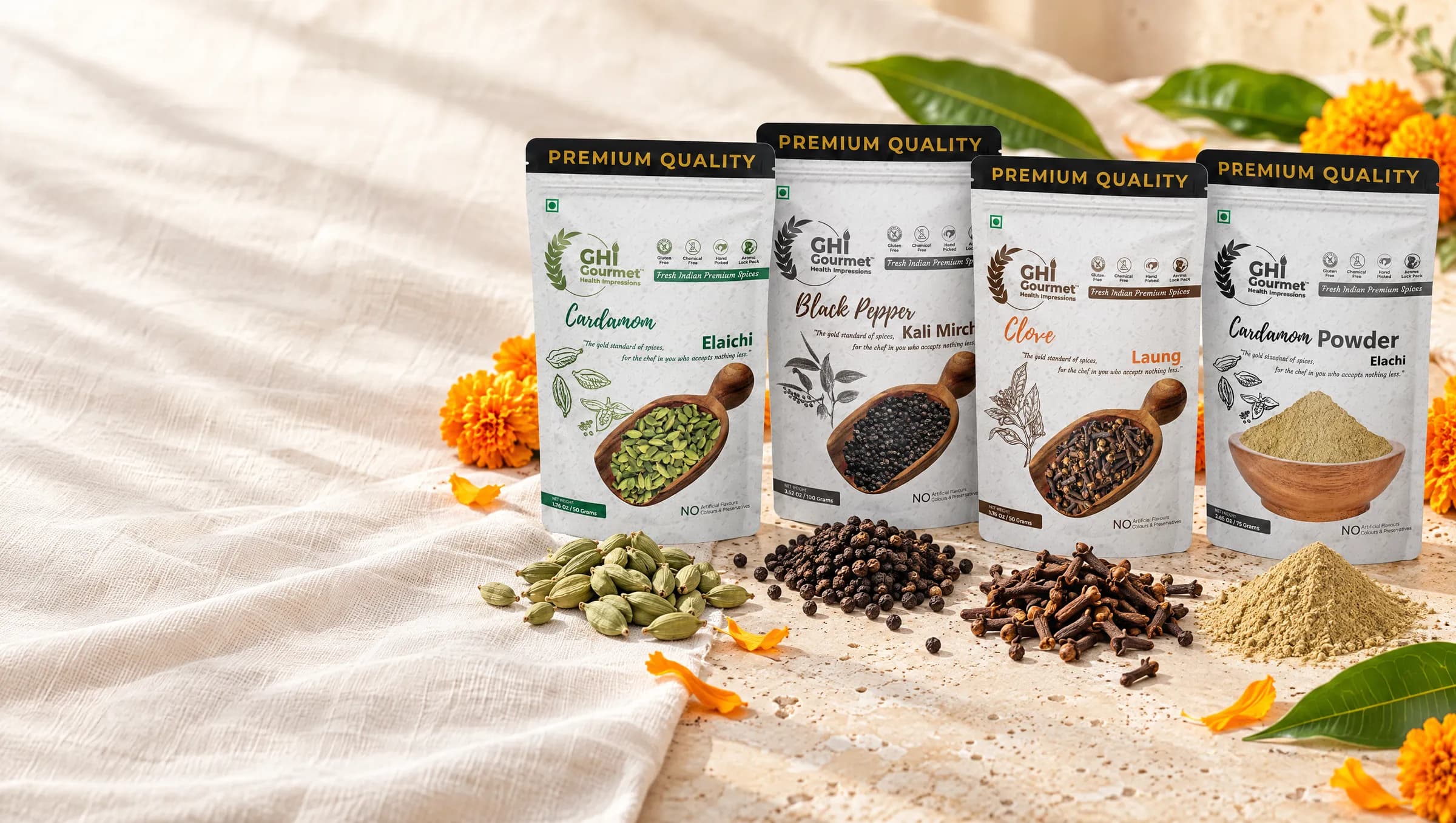 GHI Gourmet packs of whole cardamom, black pepper, clove and cardamom powder, each with its spice in front