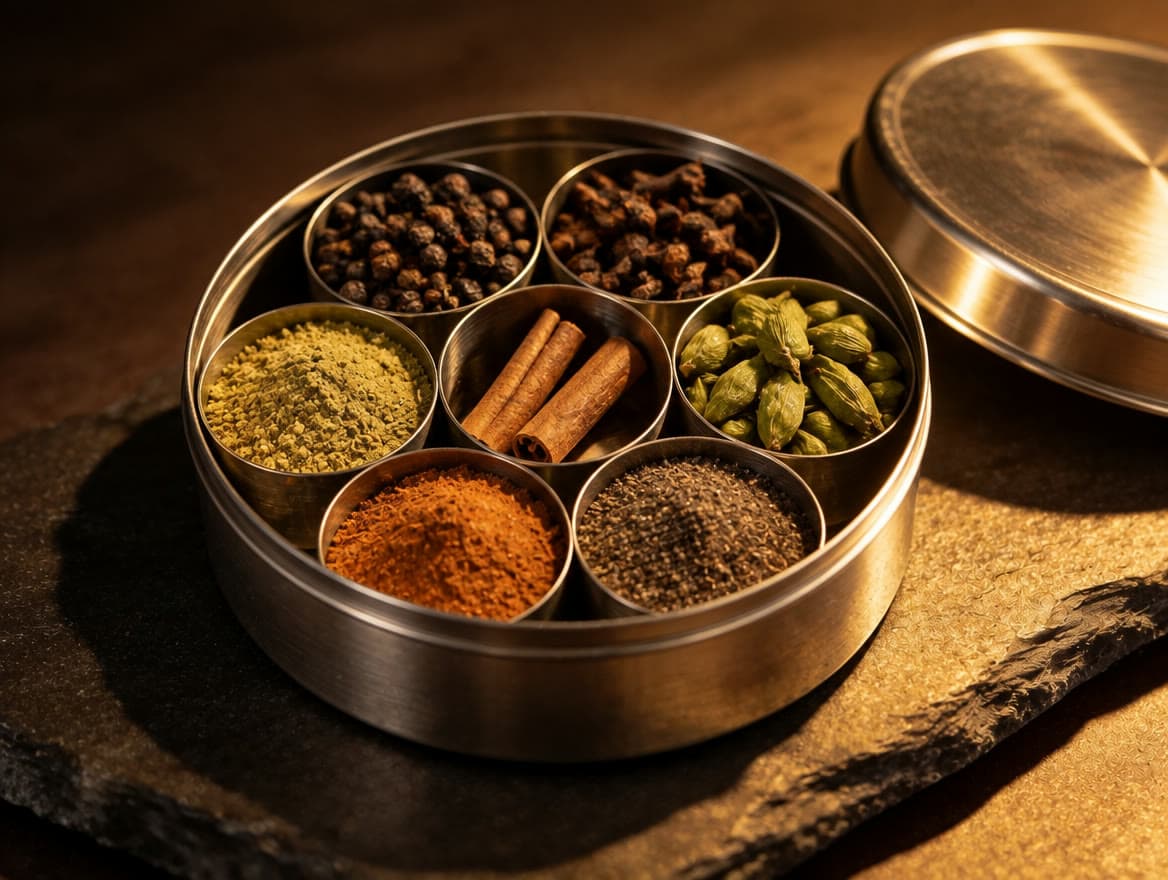 A masala dabba filled with GHI whole and ground spices