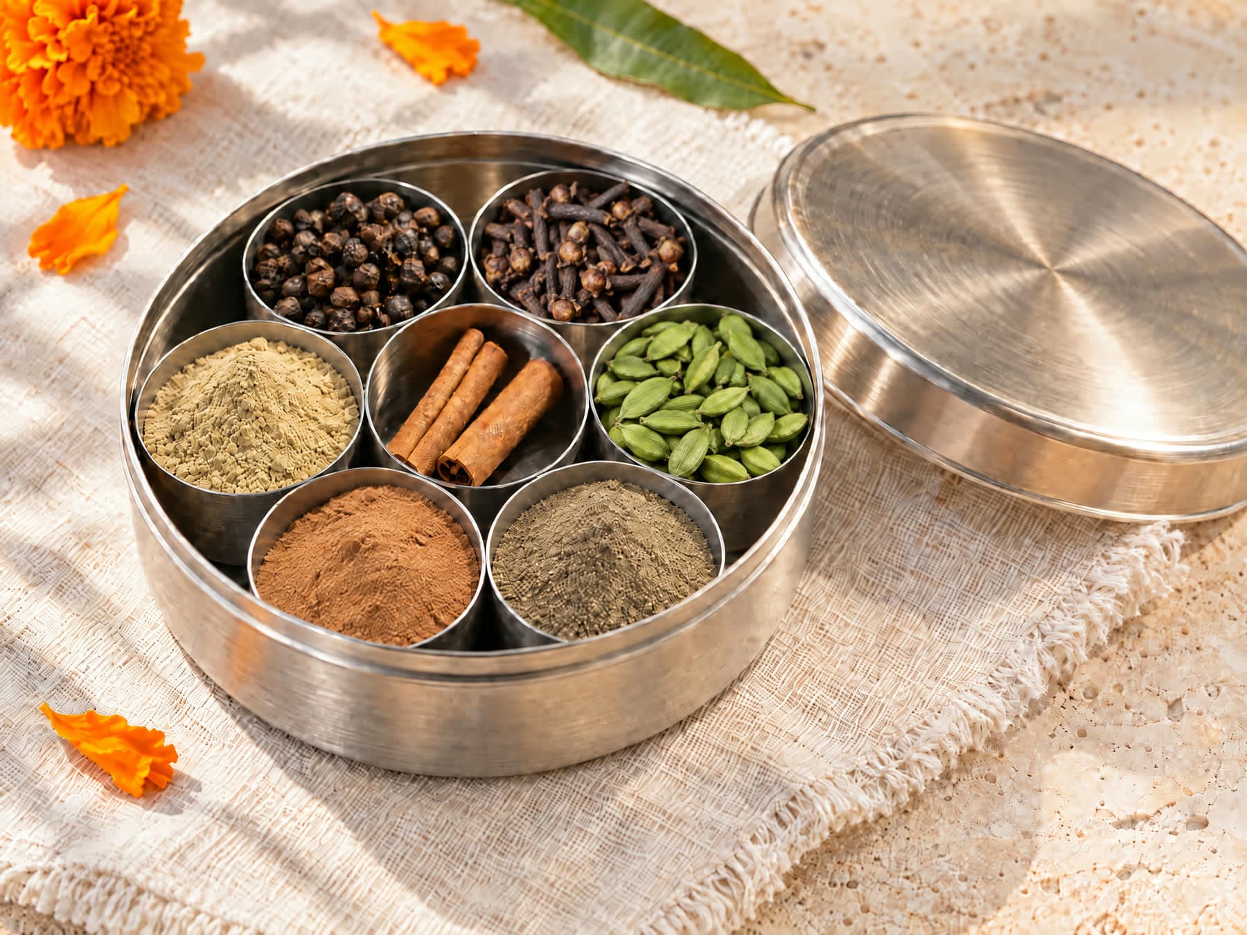 A masala dabba filled with GHI whole and ground spices