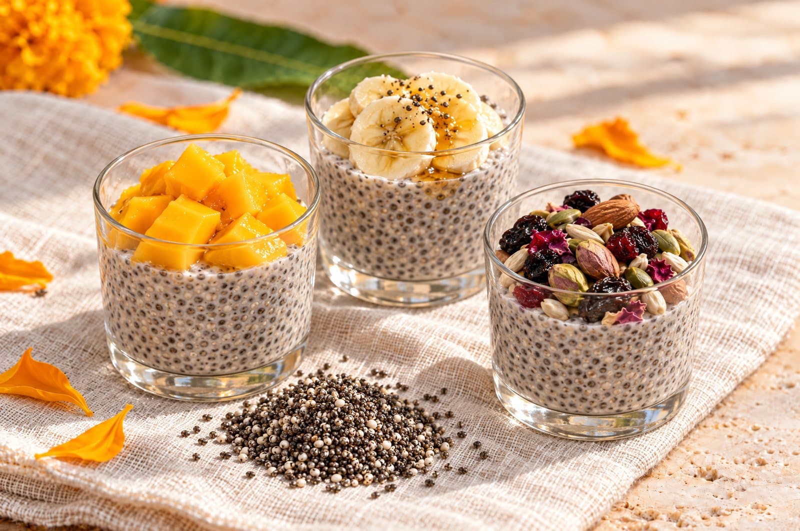 Chia pudding three ways: mango, banana and nuts