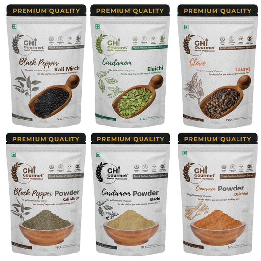 Spice Combo Pack, 6 Essential Indian Spices, Whole Black Pepper 100g, Whole Clove 50, Whole Green Cardamom 8mm+ 50g, Black Pepper Powder 75g, Cinnamon Powder 75g, Cardamom Powder 75g