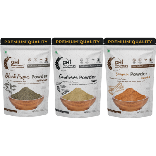 GHI Spice Combo | Black Pepper Powder 75g, Cardamom Powder 75g, Cinnamon Powder 75g
