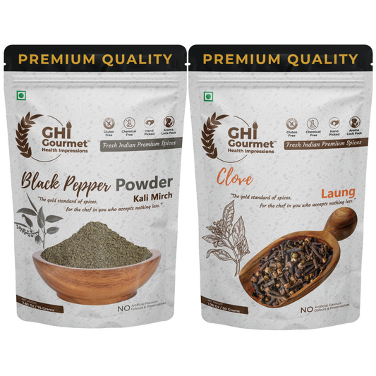 GHI Spice Combo | Pack Of 2 | Black Pepper Powder 50g + 25g = 75g | Whole Clove 50g