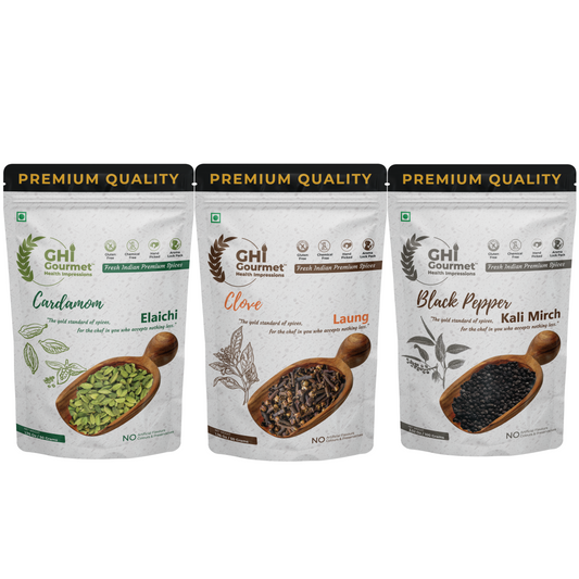 Spice Combo Pack with Black Pepper 100g, Green Cardamom 50g (8mm Large Size) and Whole Cloves 50g